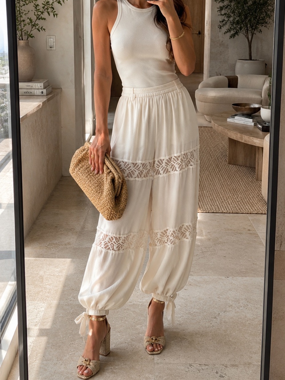 Avec Les Filles Satin Crepe Lace Trim Balloon Pants Ivory Size 6 NWT